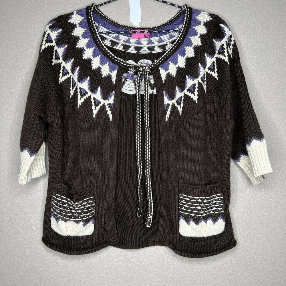 BCBGirls Juniors Brown Fair Isle Knit Wool Blend Open Front Cardigan Sweater